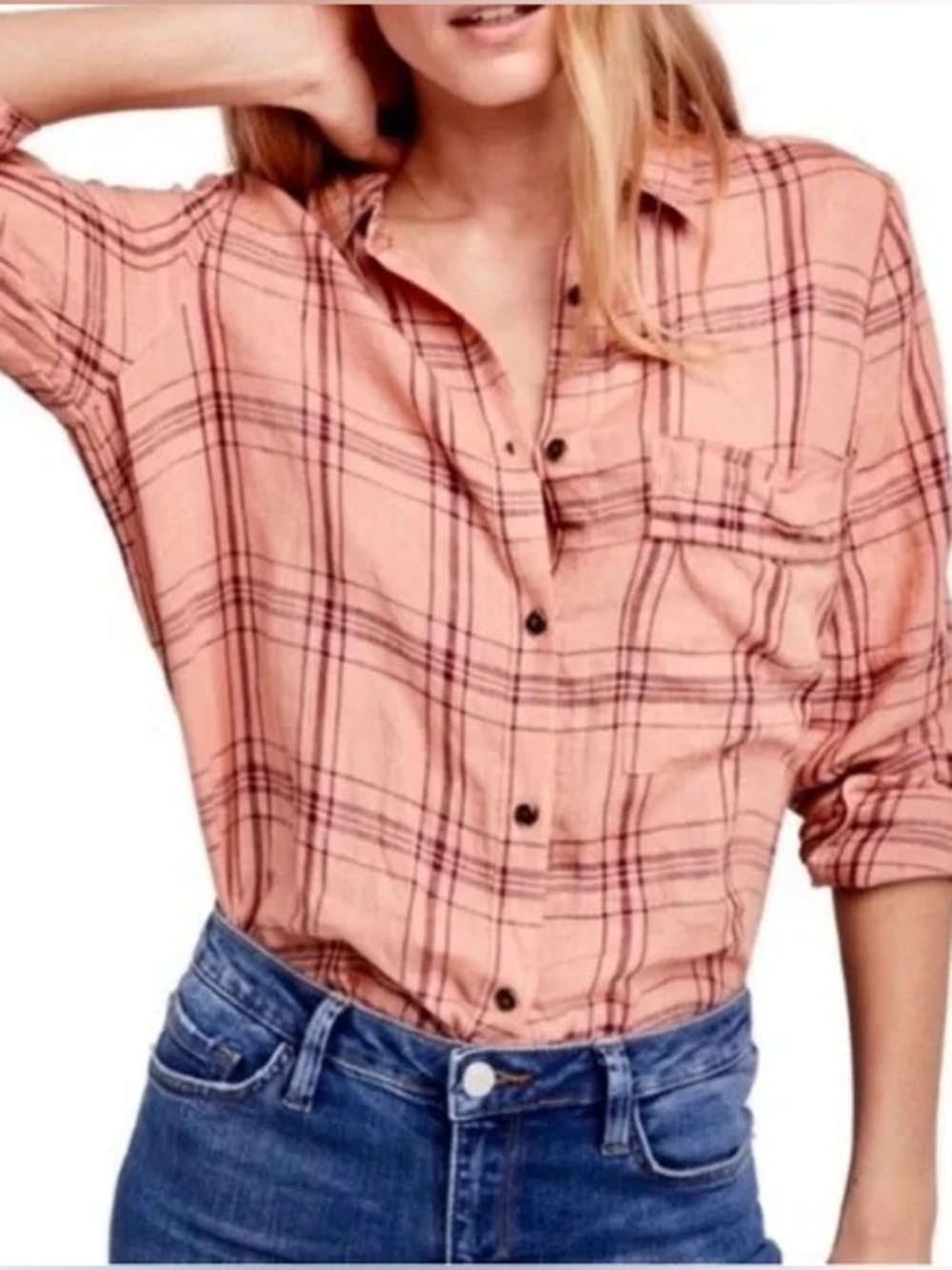 Free People No Limits Pure Linen Plaid Oversized Hi-Low Button Up Tunic Shirt M